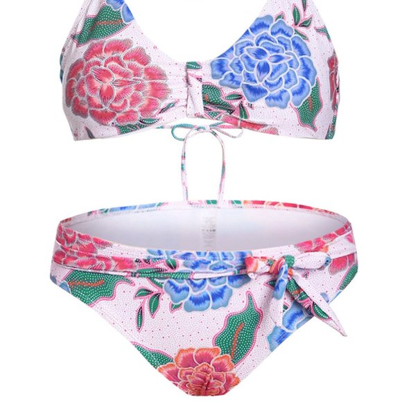 White Floral Print Halterneck 2 Piece Bikini Set - Picture 2 of 4
